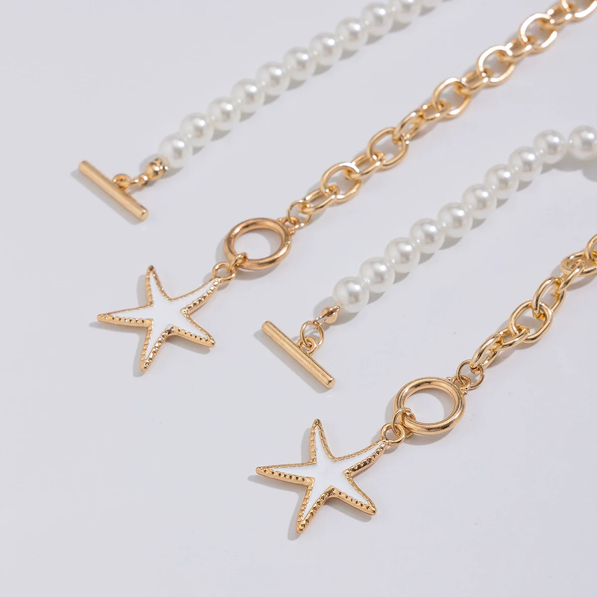 Jewelry Metal Alloy Ball Chain Starfish Pendant Necklace With Star Geometric Pattern Dripping Oil Treatment - Image 3