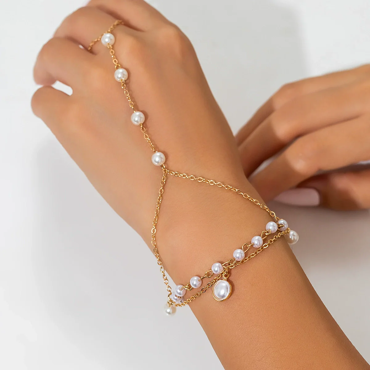 Jewelry Metal Chain Finger Bracelet For Women With Imitation Pearl Rhinestone Geometric Pattern Electroplated - Image 7