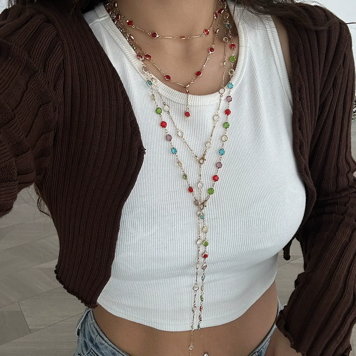 Jewelry Metal Chain Geometric Rhinestone Electroplating Long Necklace For Women