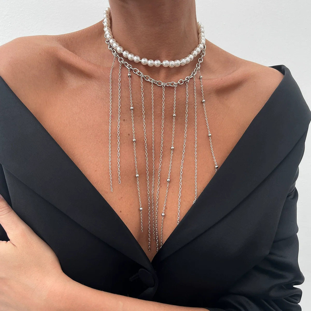 Jewelry Metal Cross Pendant Necklace Imitation Pearl Iron Chain Copper Clad Chain Alloy Pendant Geometric Electroplated - Image 3