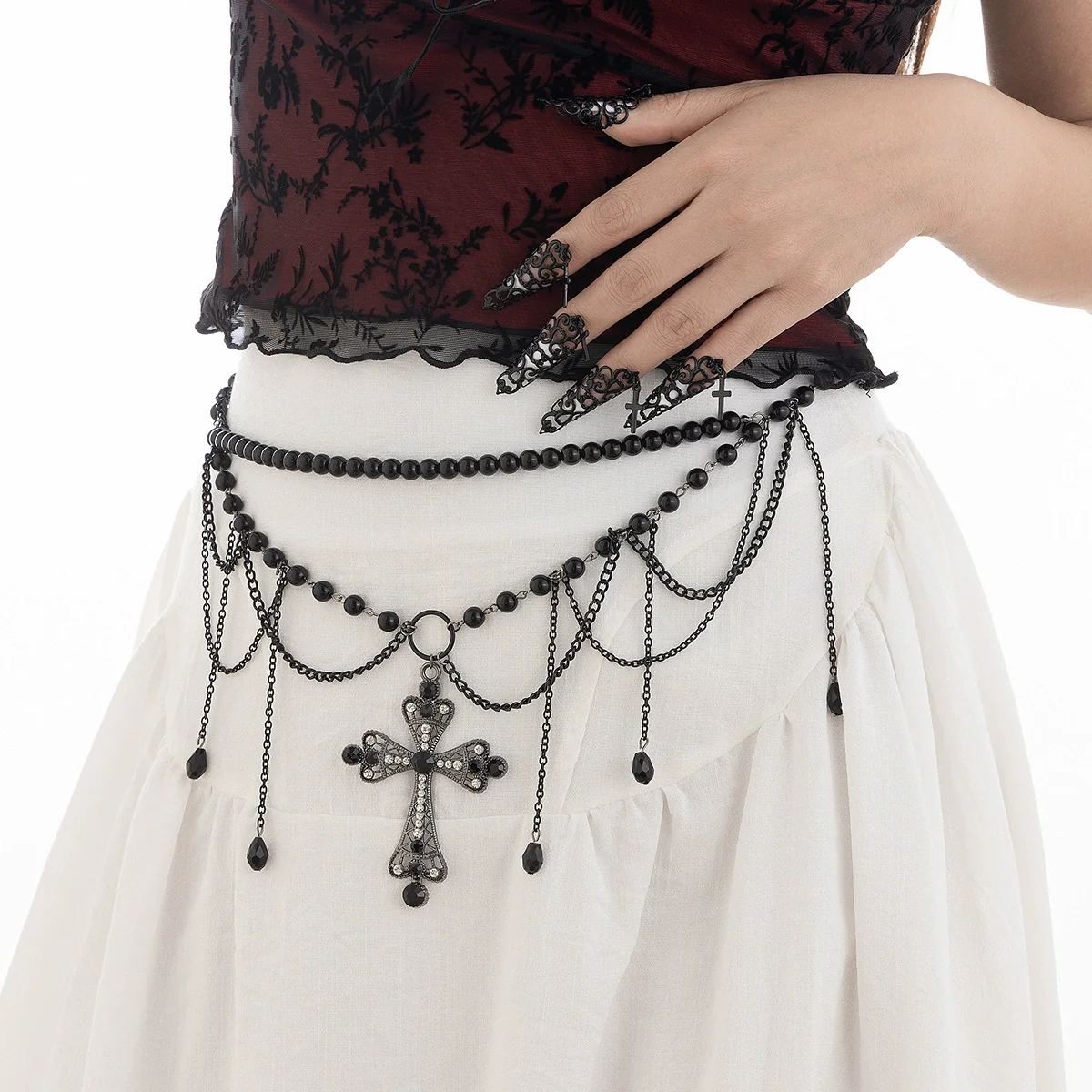 Jewelry Metal Cross Tassel Waist Chain Dark Gothic Blood Drop Bead Body Chain Lobster Clasp - Image 2