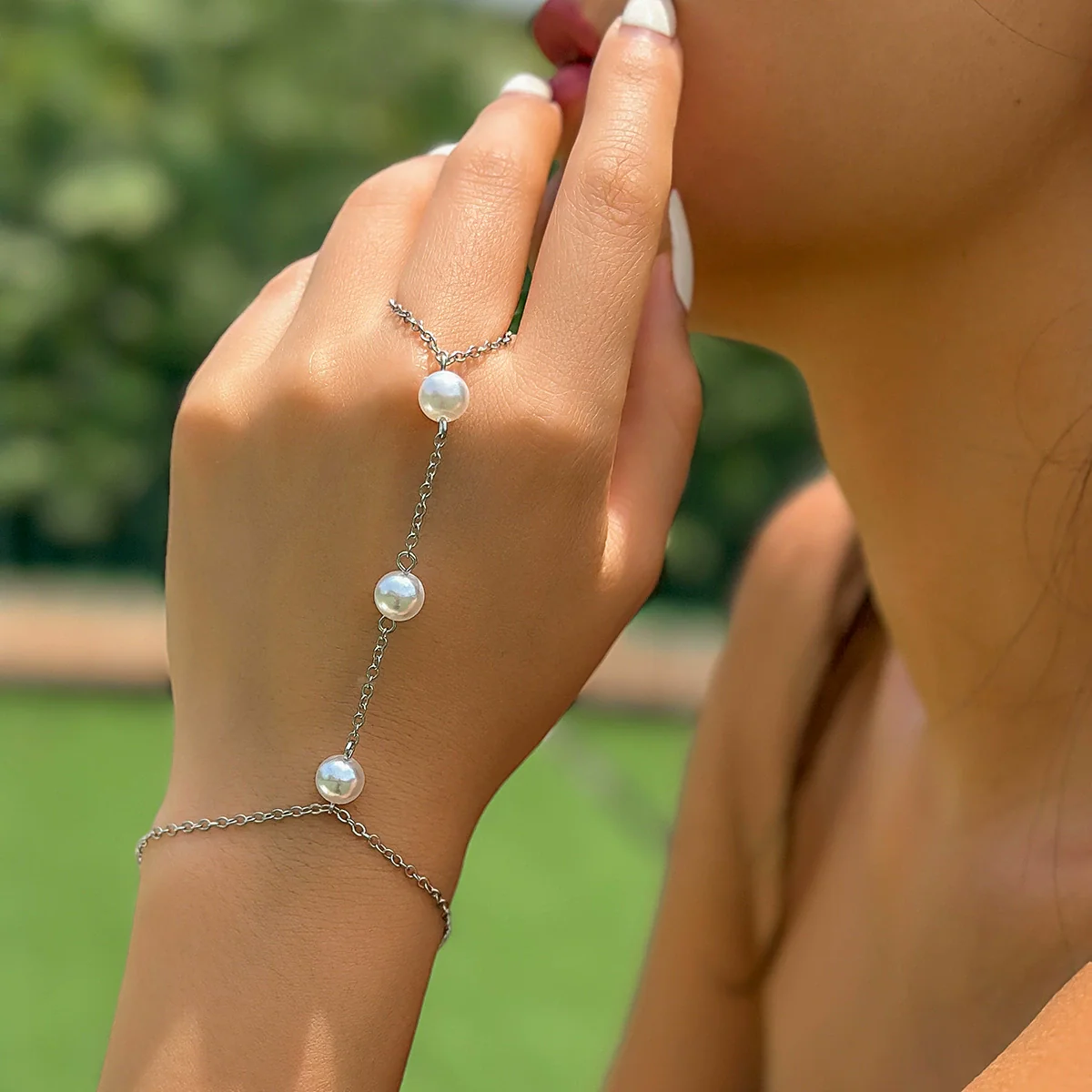 Jewelry Metal Finger Bracelet Geometric Style Electroplated Rhinestone Imitation Pearl For Women - Image 3