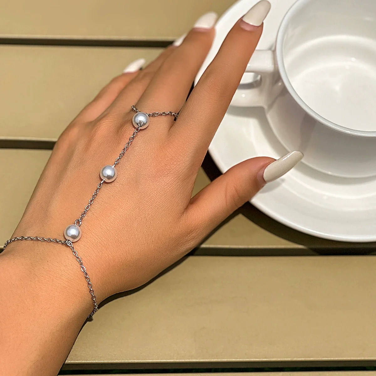 Jewelry Metal Finger Bracelet Geometric Style Electroplated Rhinestone Imitation Pearl For Women - Image 6