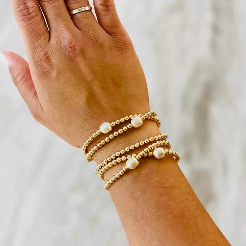 Jewelry Metal Geometric Handwoven Elastic Bracelet For Women With Natural Pearl
