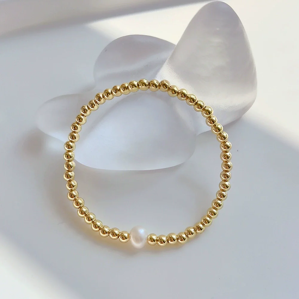 Jewelry Metal Geometric Handwoven Elastic Bracelet For Women With Natural Pearl - Image 3