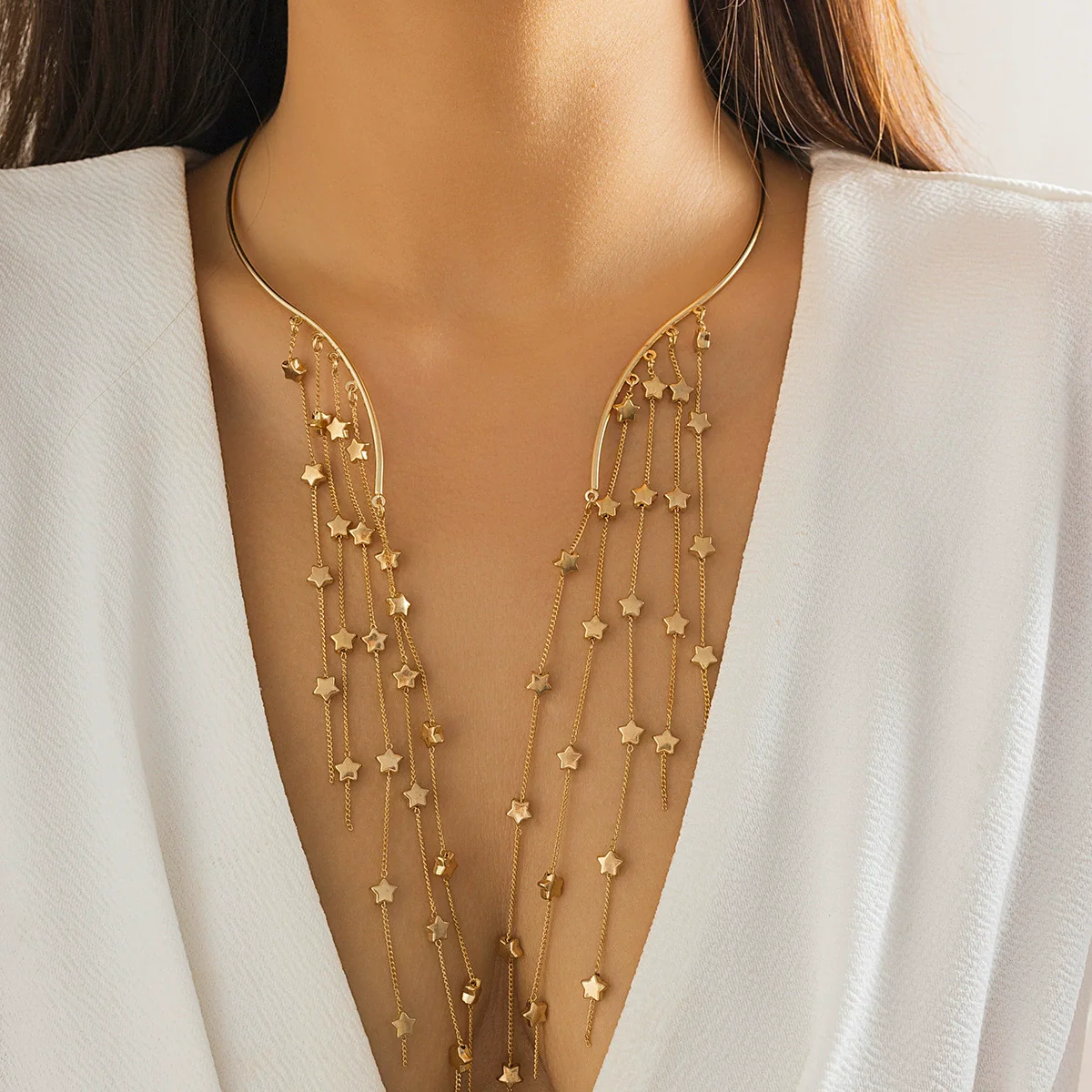 Jewelry Metal Imitation Pearl Pendant Collar Tassel Open Choker Necklace With Geometric Pattern And Electroplating Treatment - Image 11