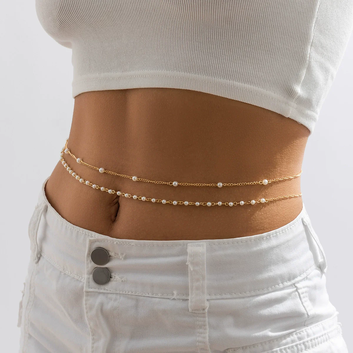 Jewelry Metal Imitation Pearl Waist Chain Women's Tassel Body Chain Double Circle Lobster Clasp - Image 6