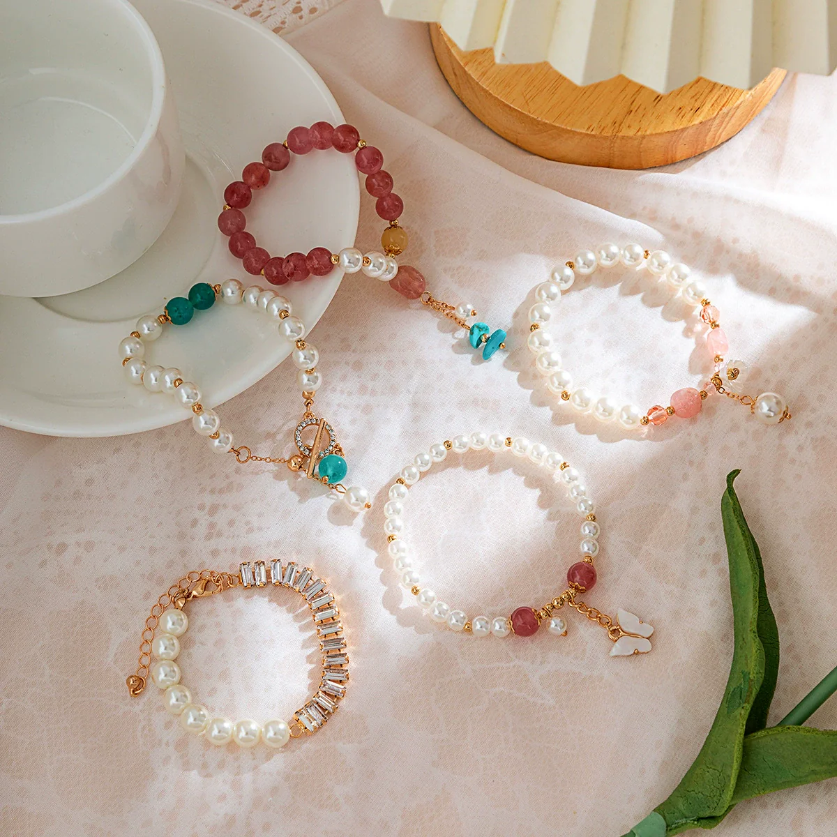 Jewelry Metal Pearl Beaded Butterfly Turquoise Imitation Crystal Elastic Microinlaid Geometric Diamond Women's Bracelet