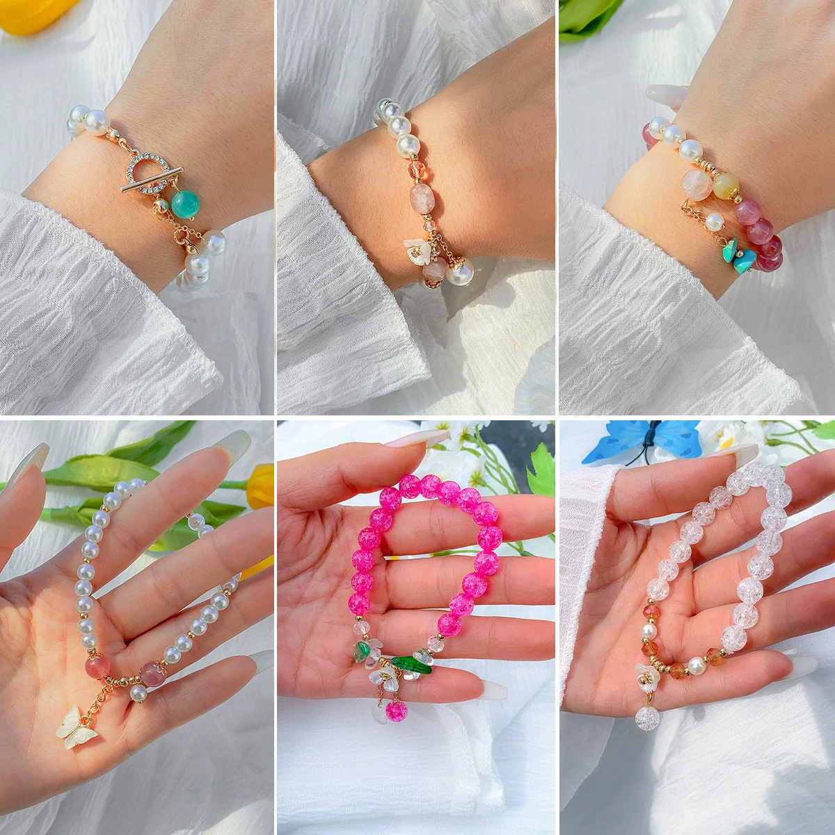 Jewelry Metal Pearl Beaded Butterfly Turquoise Imitation Crystal Elastic Microinlaid Geometric Diamond Women's Bracelet - Image 2