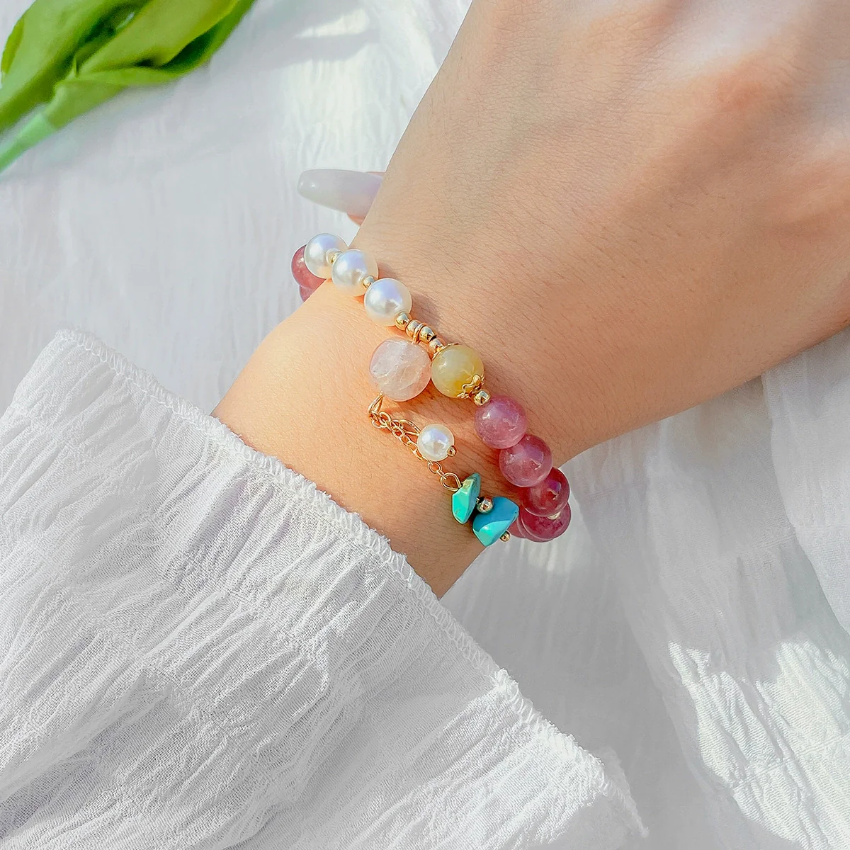 Jewelry Metal Pearl Beaded Butterfly Turquoise Imitation Crystal Elastic Microinlaid Geometric Diamond Women's Bracelet - Image 3