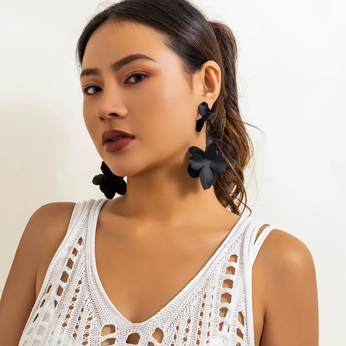 Jewelry Metal Petal Flower Baking Varnish Women's Tassel Earrings - Image 3