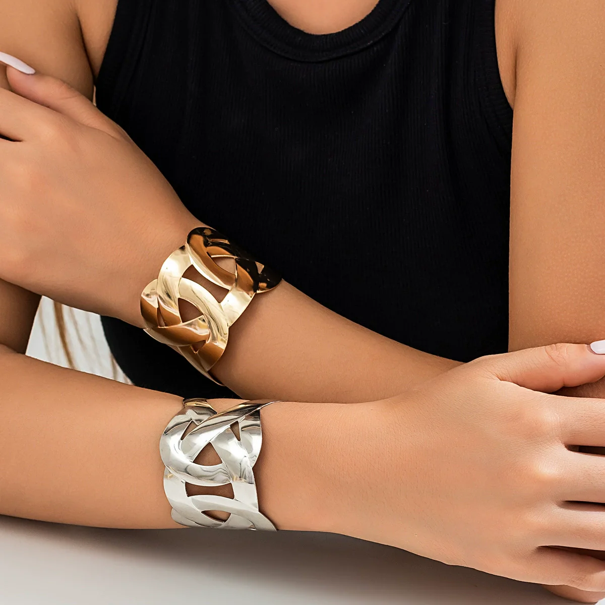 Jewelry Metal Punk Wide Face Hollow Cross Opening Bracelet With Electroplating