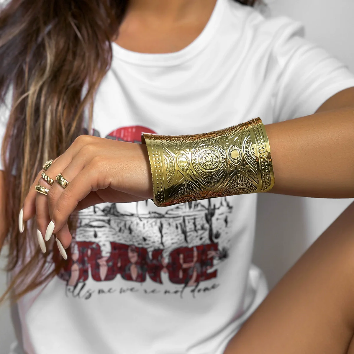 Jewelry Metal Retro Punk Style Geometric Printed Carving Opening Bracelet With Electroplating - Image 2
