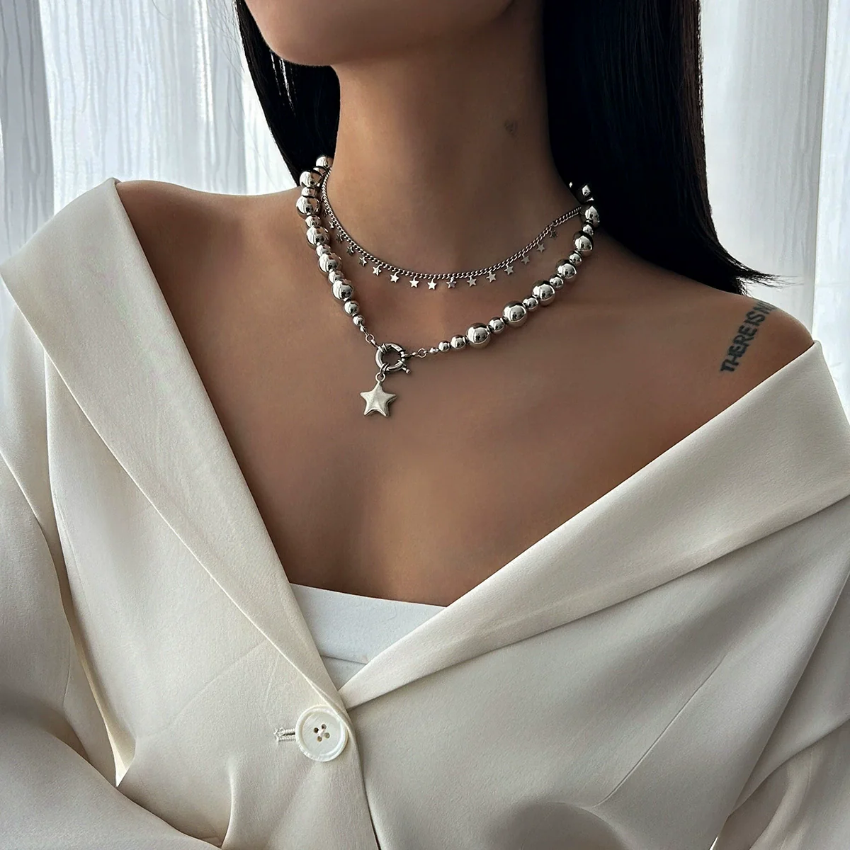 Jewelry Metal Star Shape Pendant Choker Necklace For Women Iron Chain And Alloy Material Ball Chain Style Minimalist Design - Image 6