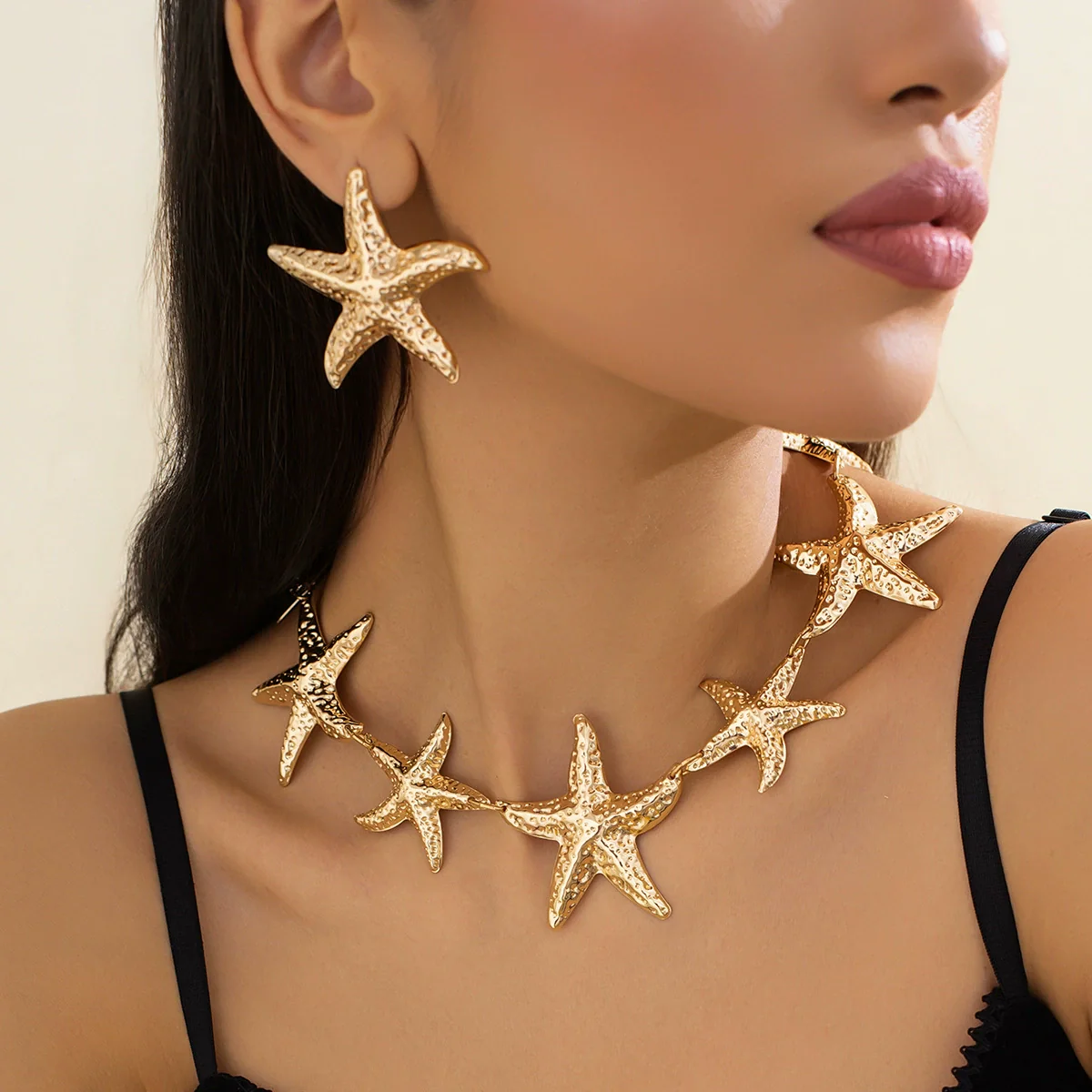 Jewelry Metal Starfish And Fivepointed Star Pendant Necklace Handmade Electroplating Geometric Style For Women
