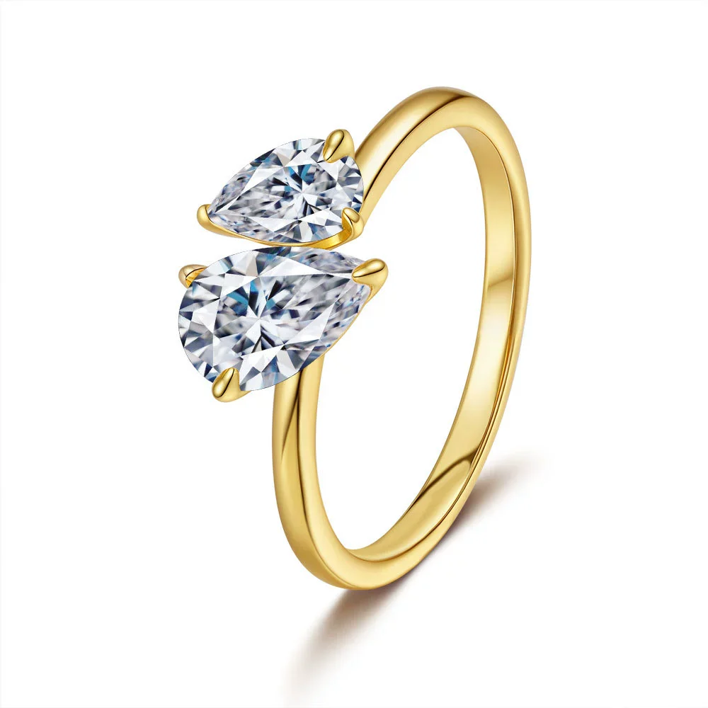 Jewelry Moissanite Double Stone Ring For Women 925 Sterling Silver Square Water Drop Exaggerated Electroplated