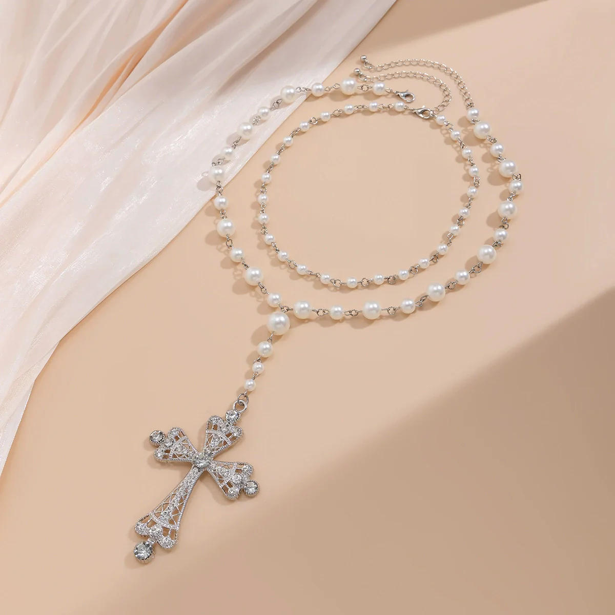 Jewelry Multi Layer Imitation Pearl And Alloy Cross Clavicle Chain With Geometric Design And Electroplating Treatment - Image 4