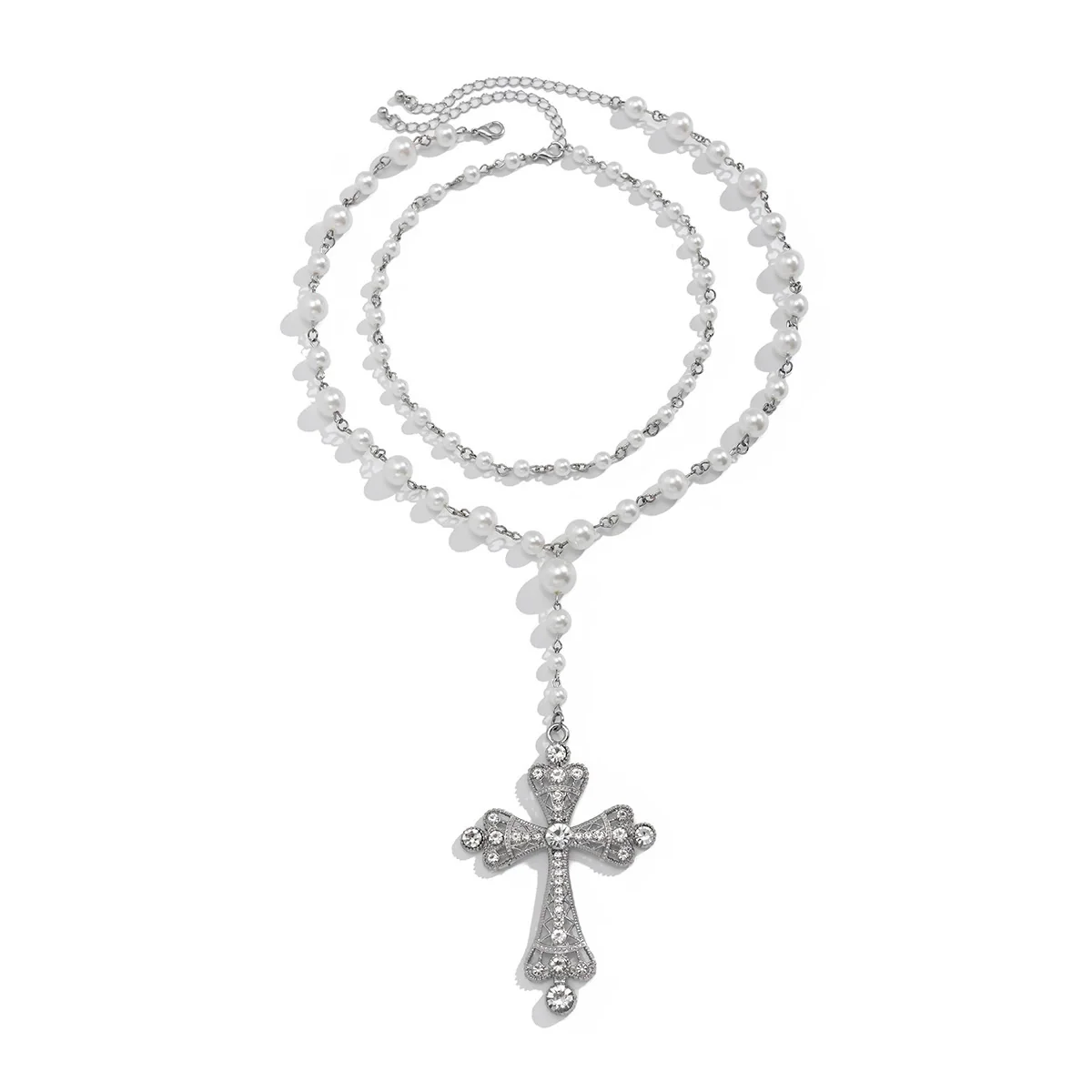 Jewelry Multi Layer Imitation Pearl And Alloy Cross Clavicle Chain With Geometric Design And Electroplating Treatment - Image 5