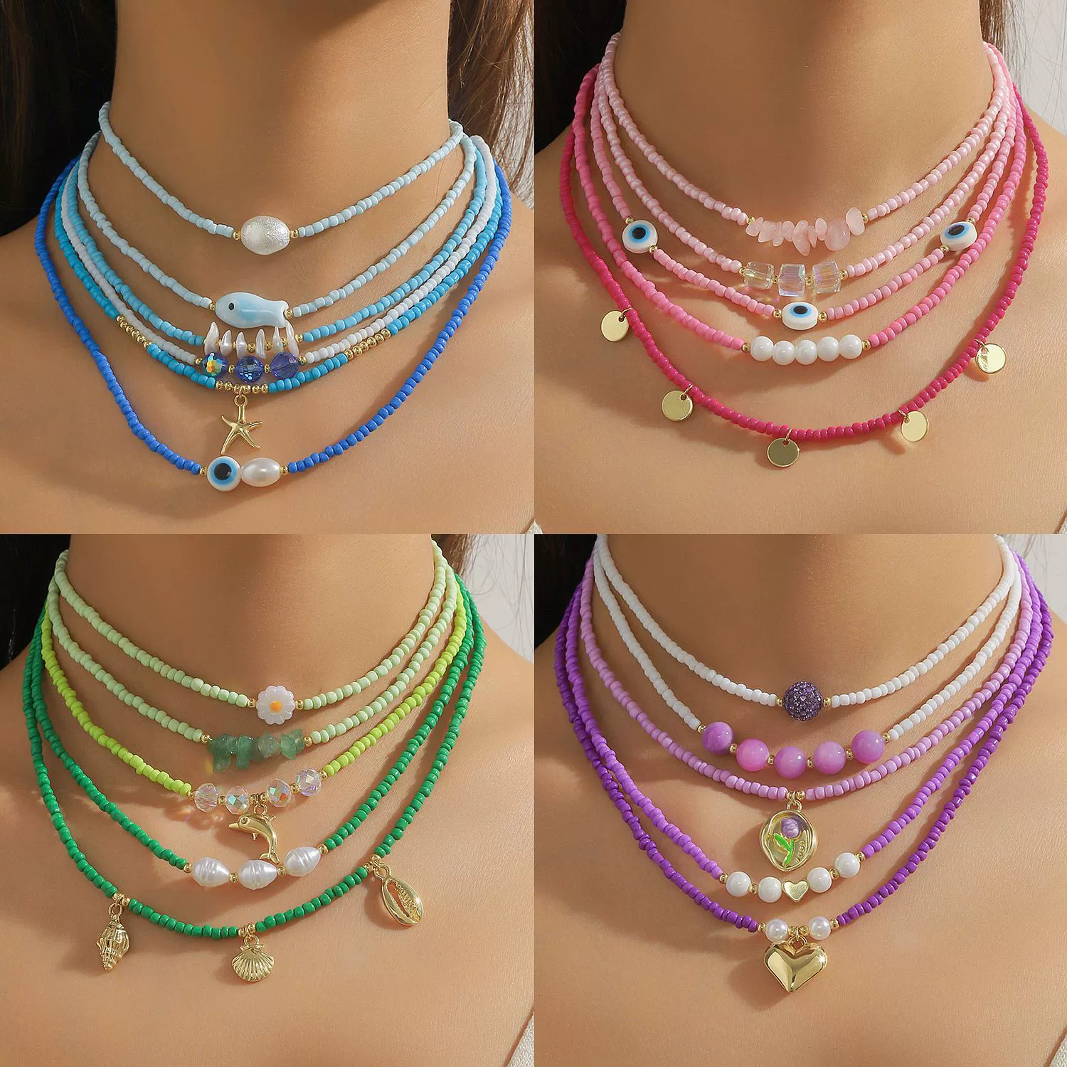 Jewelry Necklace Artificial Crystal Heart Flowers Geometric Animals Zodiac Handmade Electroplated Pearl Chain For Women - Image 3