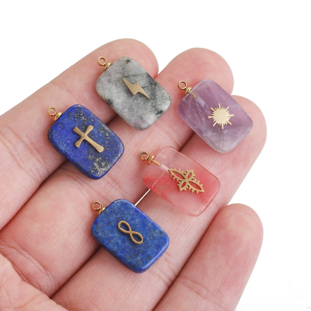 Jewelry Necklace Pendant Natural Stone Pink Crystal Turquoise Stainless Steel Titanium Steel Square Electroplated - Image 2