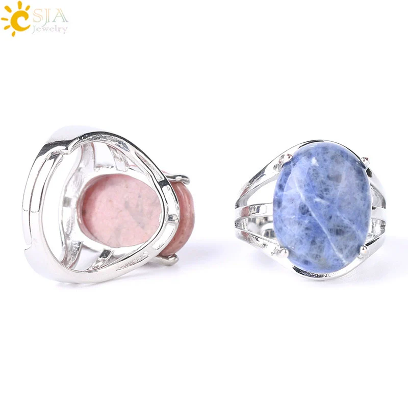 Jewelry Oval Natural Stone Crystal Alloy Women's Ring Four Claw Inlay Hollow Electroplated
