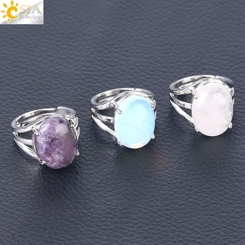 Jewelry Oval Natural Stone Crystal Alloy Women's Ring Four Claw Inlay Hollow Electroplated - Image 3