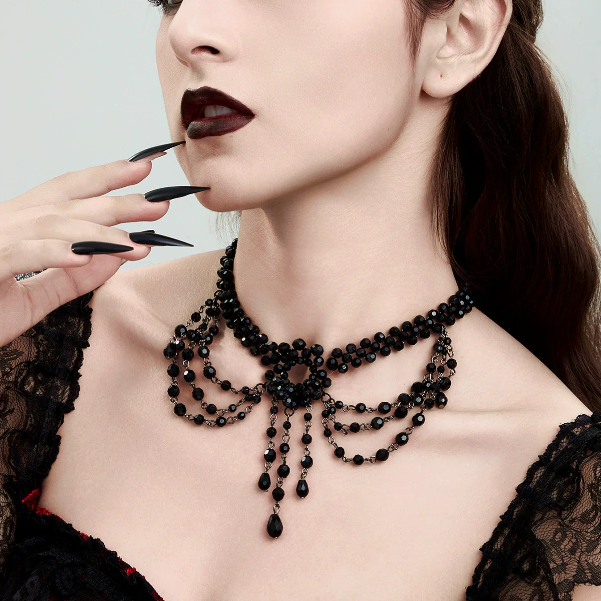 Jewelry Palace Style Black Lace Iron Chain Imitation Crystal Geometric Beaded Tassel Clavicle Necklace With Electroplating - Image 2
