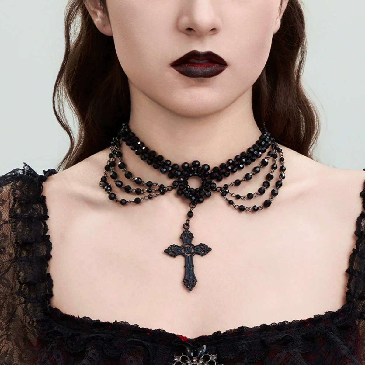 Jewelry Palace Style Black Lace Iron Chain Imitation Crystal Geometric Beaded Tassel Clavicle Necklace With Electroplating - Image 3