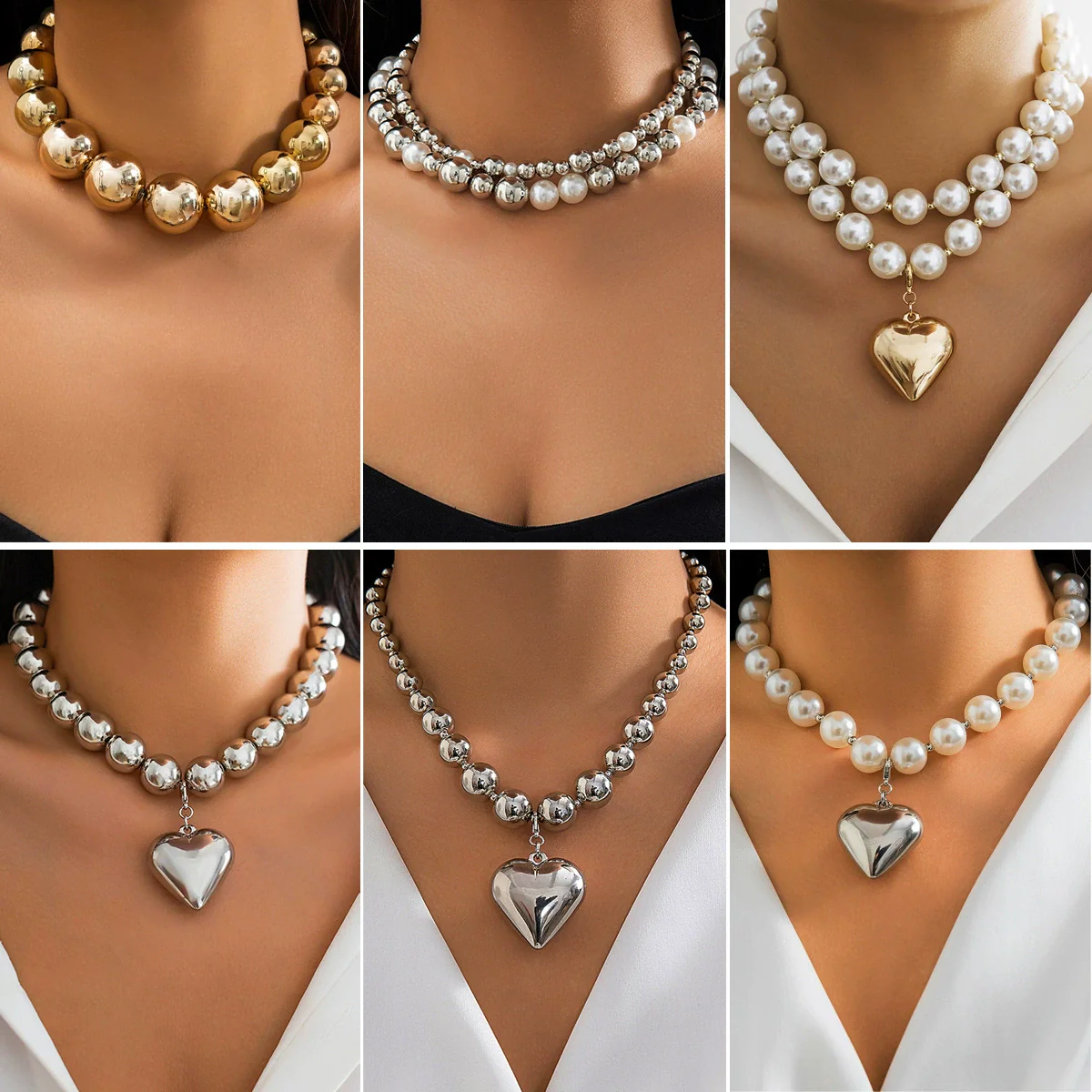 Jewelry Plastic Geometric Beads Punk Collar Clavicle Chain Necklace For Women Electroplated