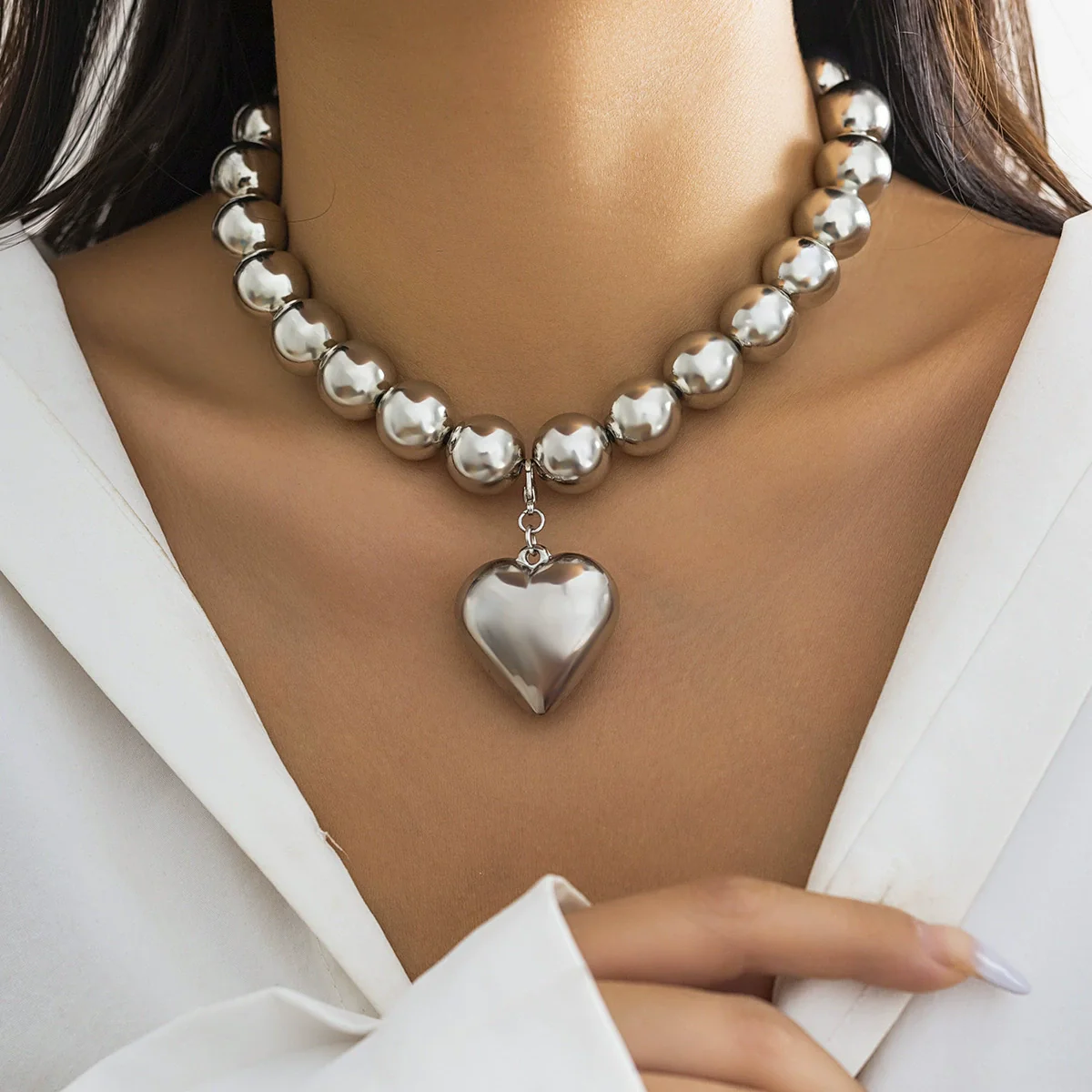 Jewelry Plastic Geometric Beads Punk Collar Clavicle Chain Necklace For Women Electroplated - Image 3