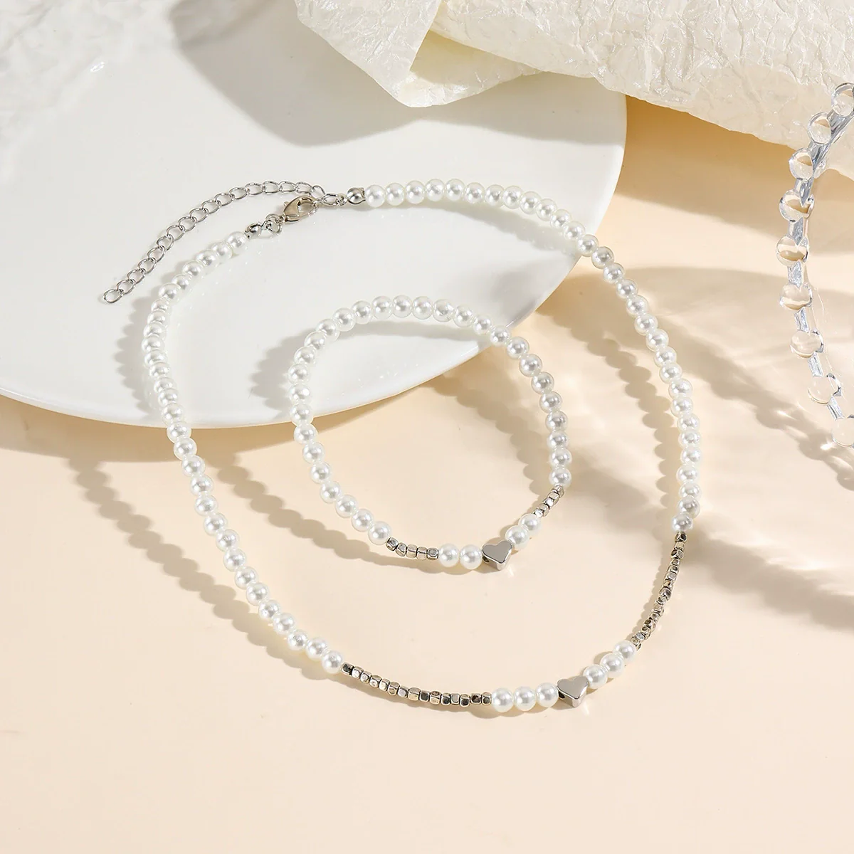 Jewelry Plastic Resin Alloy Alloy Pearls Heart Water Drop Bell Shaped Elegant Electroplated Bracelet Necklace For Women - Image 4
