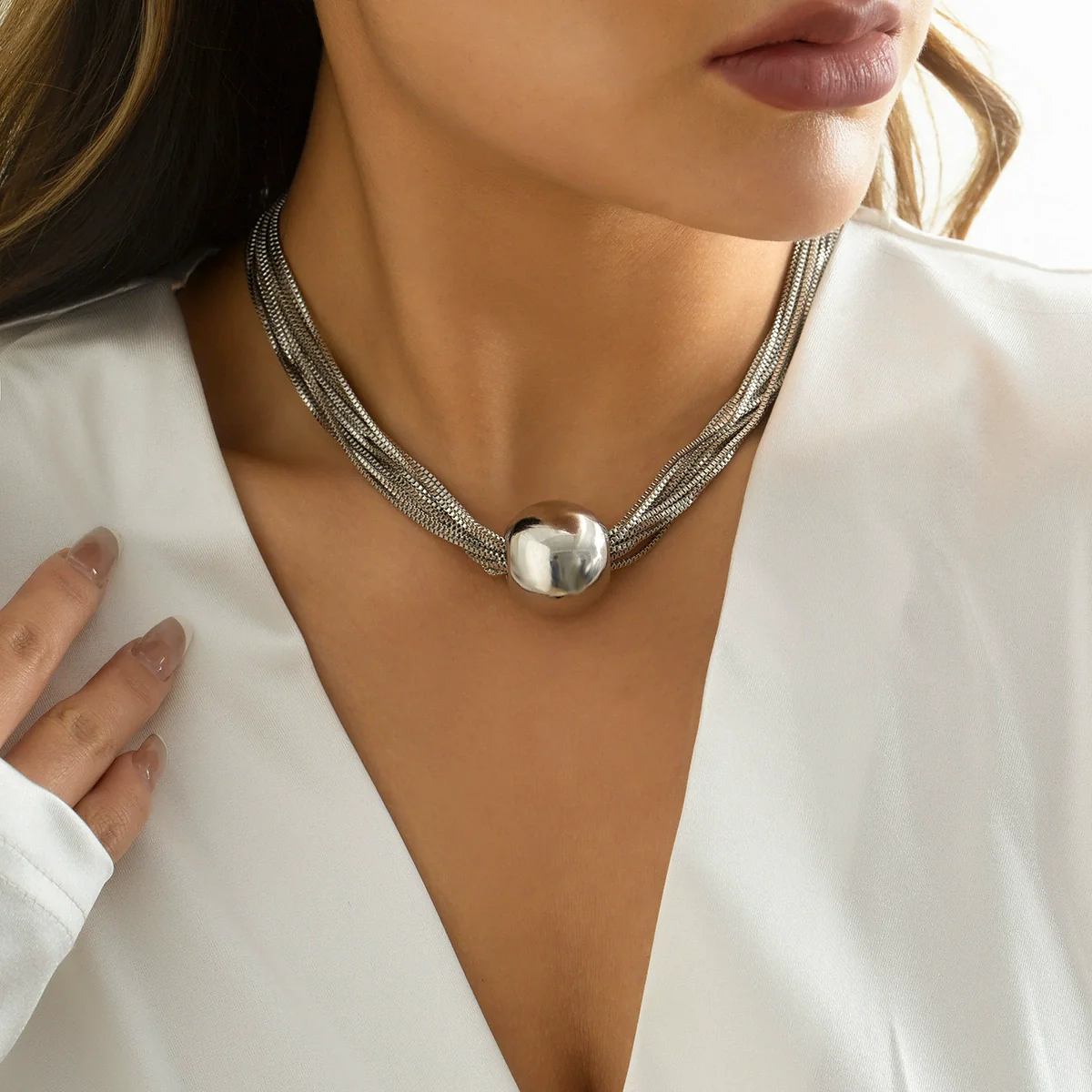 Jewelry Plastic Resin Geometric Ball Multilayer Chain Stacking Necklace Electroplating Punk Style For Women - Image 2