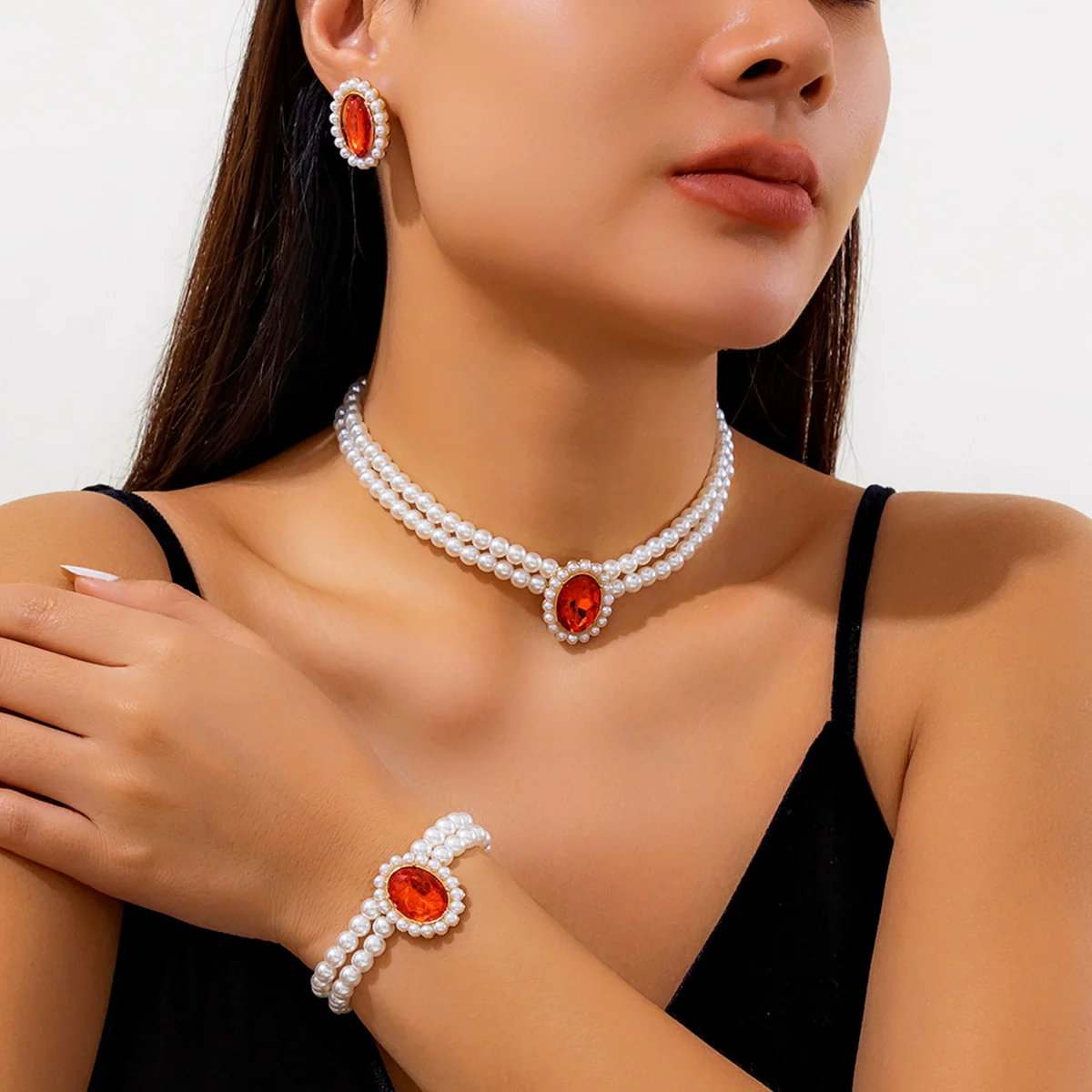 Jewelry Plastic Resin Geometric Multi Layer Imitation Pearl Ball Chain Necklace For Women - Image 3