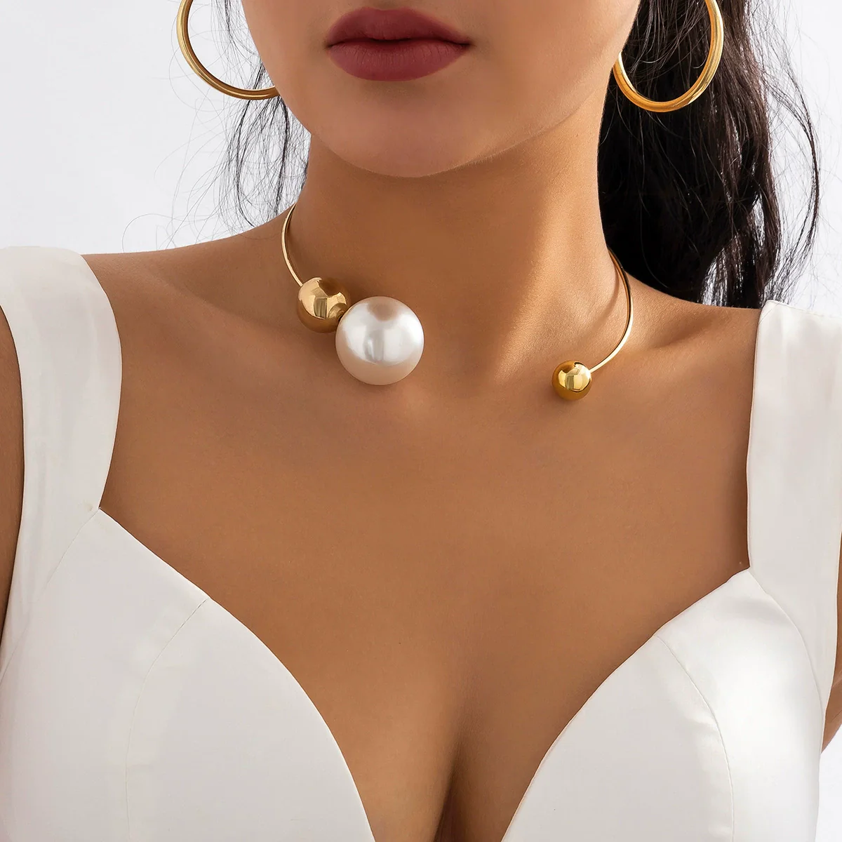 Jewelry Plastic Resin Imitation Pearl Geometric Circle Electroplating Women's Necklace Ring Collar - Image 6