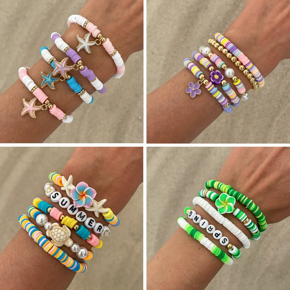 Jewelry Polymer Clay Alloy Imitation Pearl Bracelet Set With Letter Shape And Electroplating Process In Vacation Style