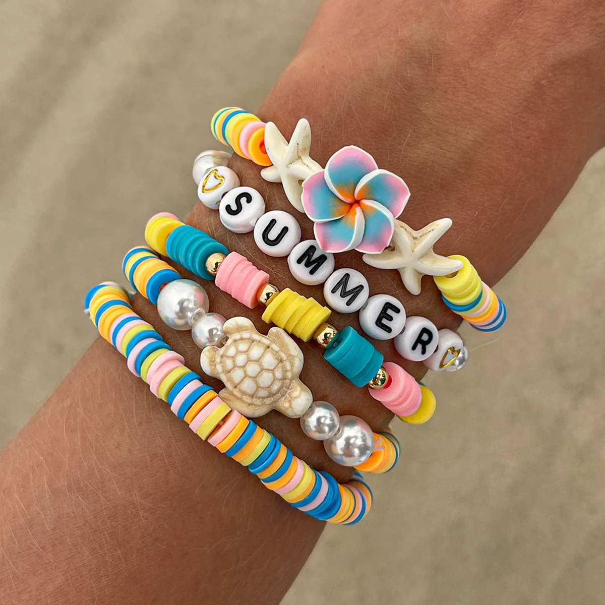 Jewelry Polymer Clay Alloy Imitation Pearl Bracelet Set With Letter Shape And Electroplating Process In Vacation Style - Image 7