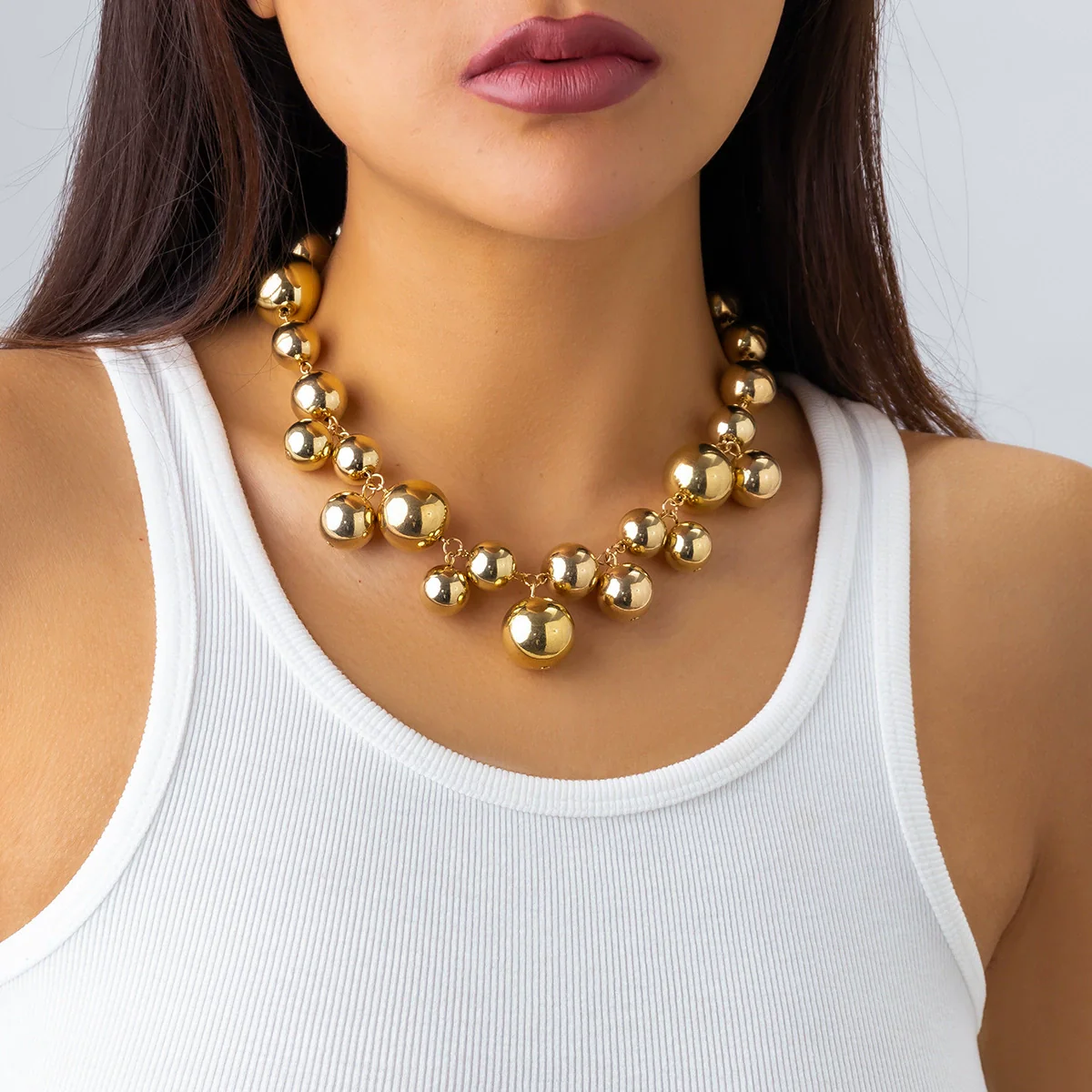 Jewelry Punk Creative Round Bead Imitation Pearl Tassel Necklace Metal Ball Chain Geometric Style Electroplating - Image 2