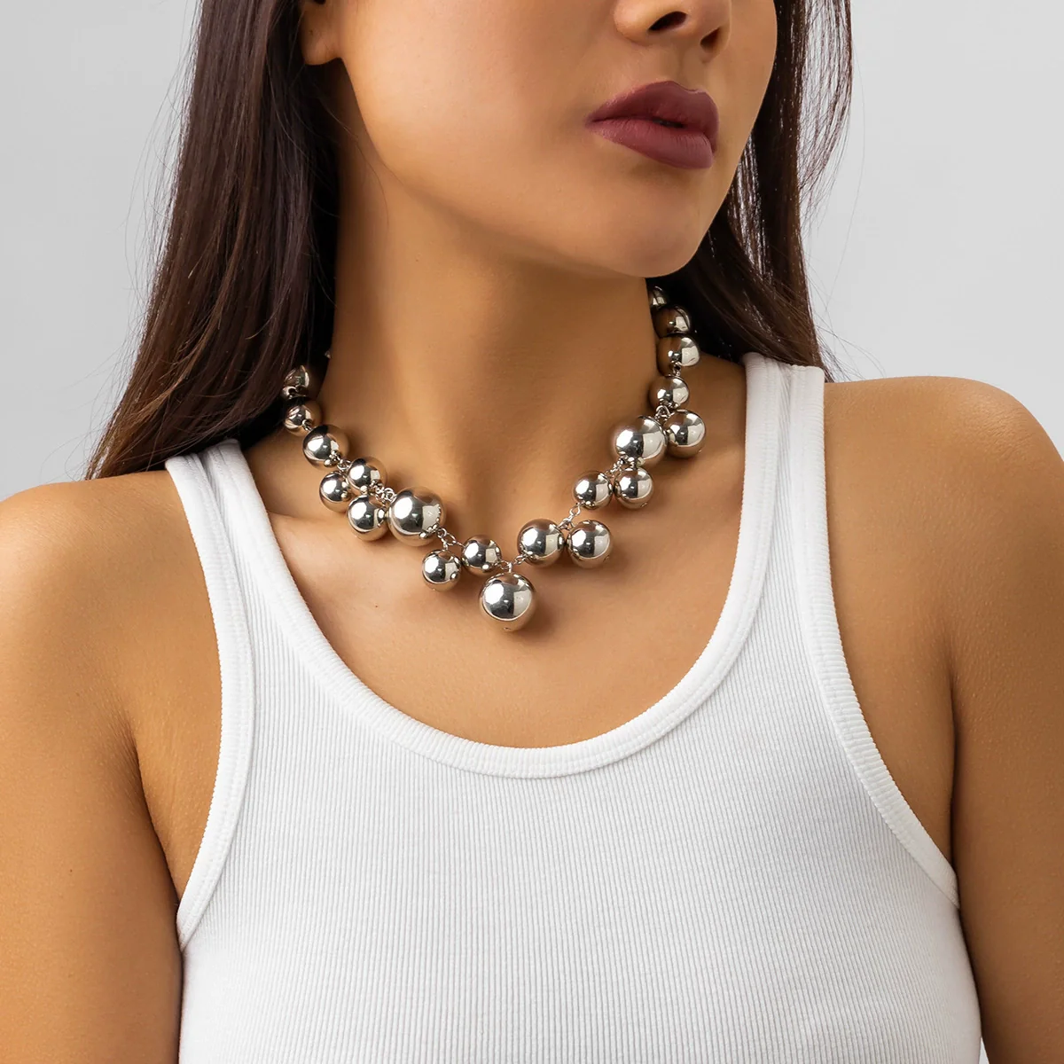 Jewelry Punk Creative Round Bead Imitation Pearl Tassel Necklace Metal Ball Chain Geometric Style Electroplating - Image 8