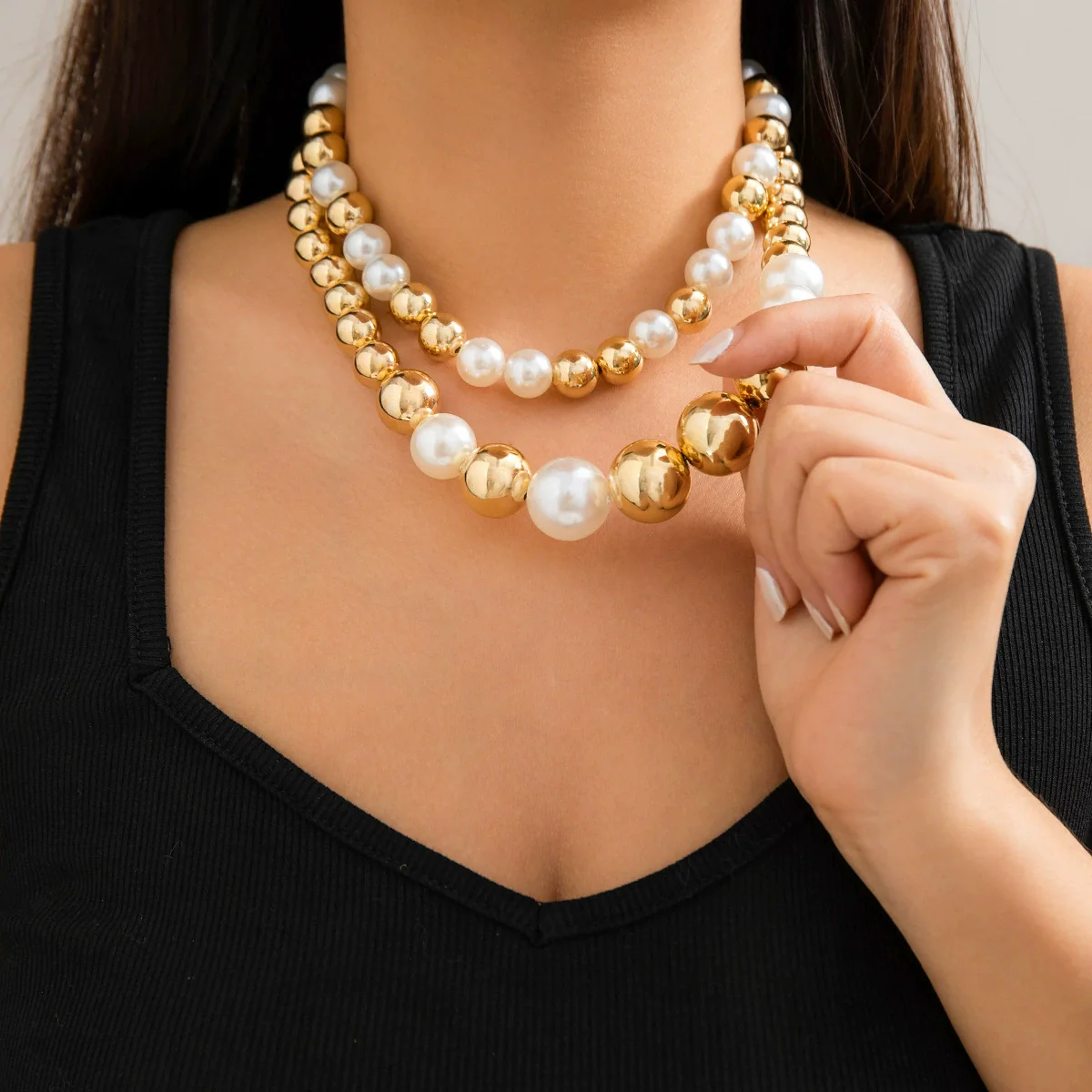 Jewelry Punk Exaggerated Metal Bead Imitation Pearl Necklace Choker With Geometric Pattern And Electroplating Treatment
