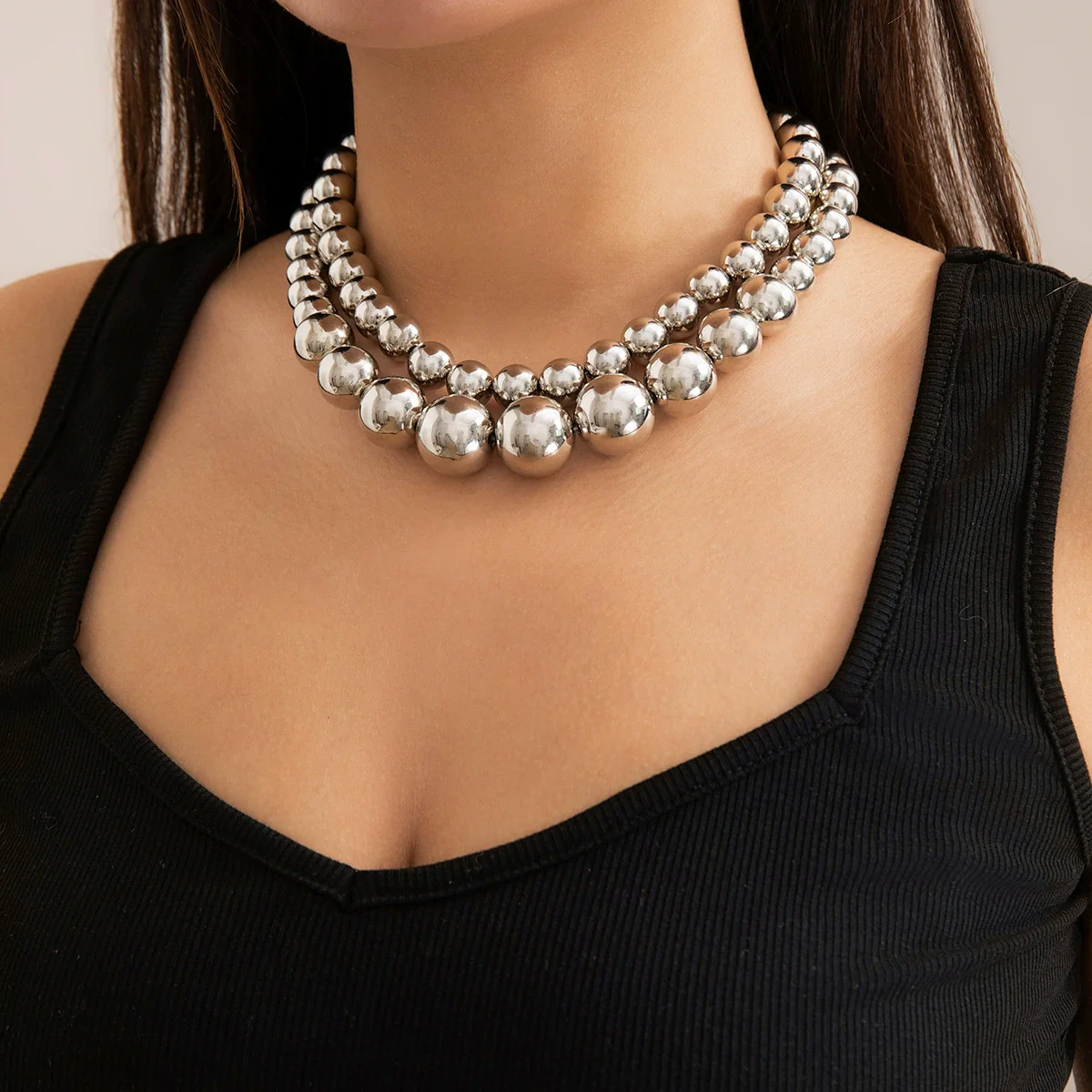 Jewelry Punk Exaggerated Metal Bead Imitation Pearl Necklace Choker With Geometric Pattern And Electroplating Treatment - Image 10