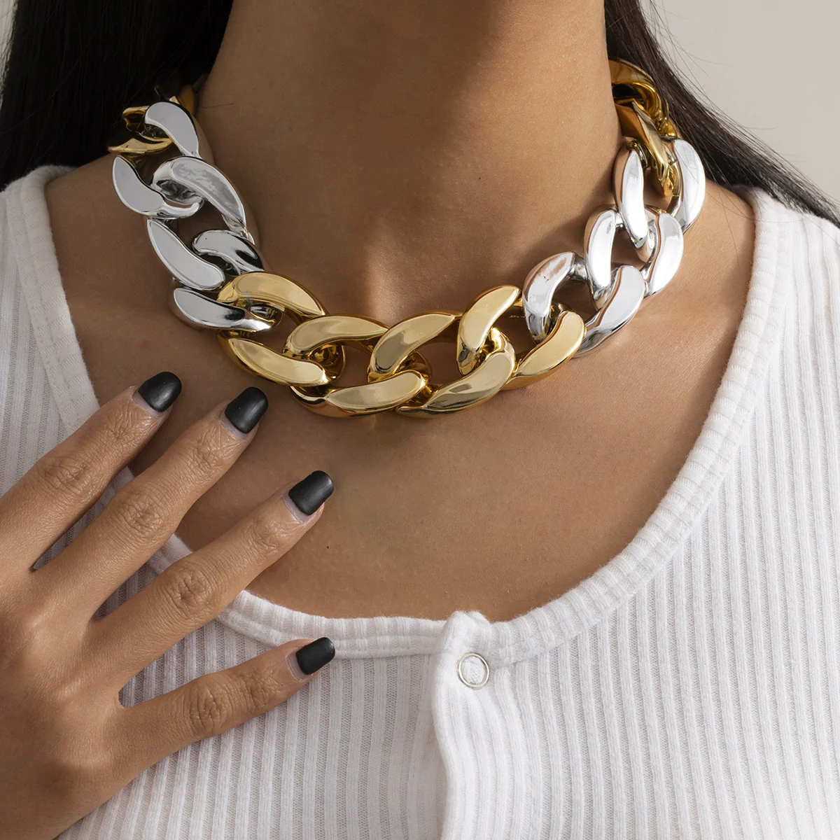 Jewelry Punk Geometric Single Layer Mixed Color Thick Chain Necklace Plastic Plating Aluminum - Image 2