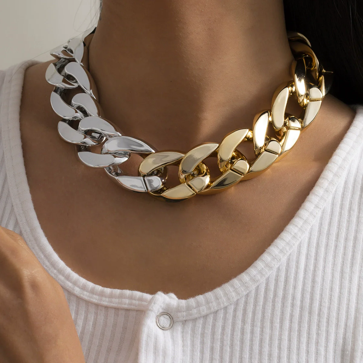 Jewelry Punk Geometric Single Layer Mixed Color Thick Chain Necklace Plastic Plating Aluminum - Image 3