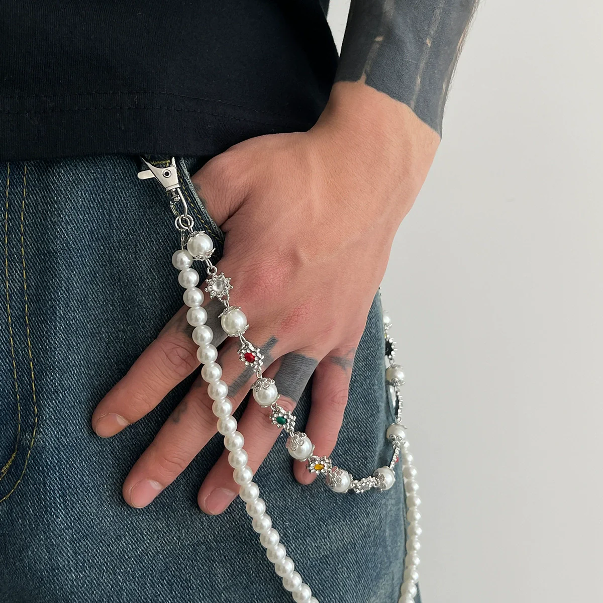 Jewelry Punk Hiphop Style Alloy Imitation Pearl Acrylic Diamond Cross Multiple Circles Pants Chain For Female Cowboy Style - Image 11
