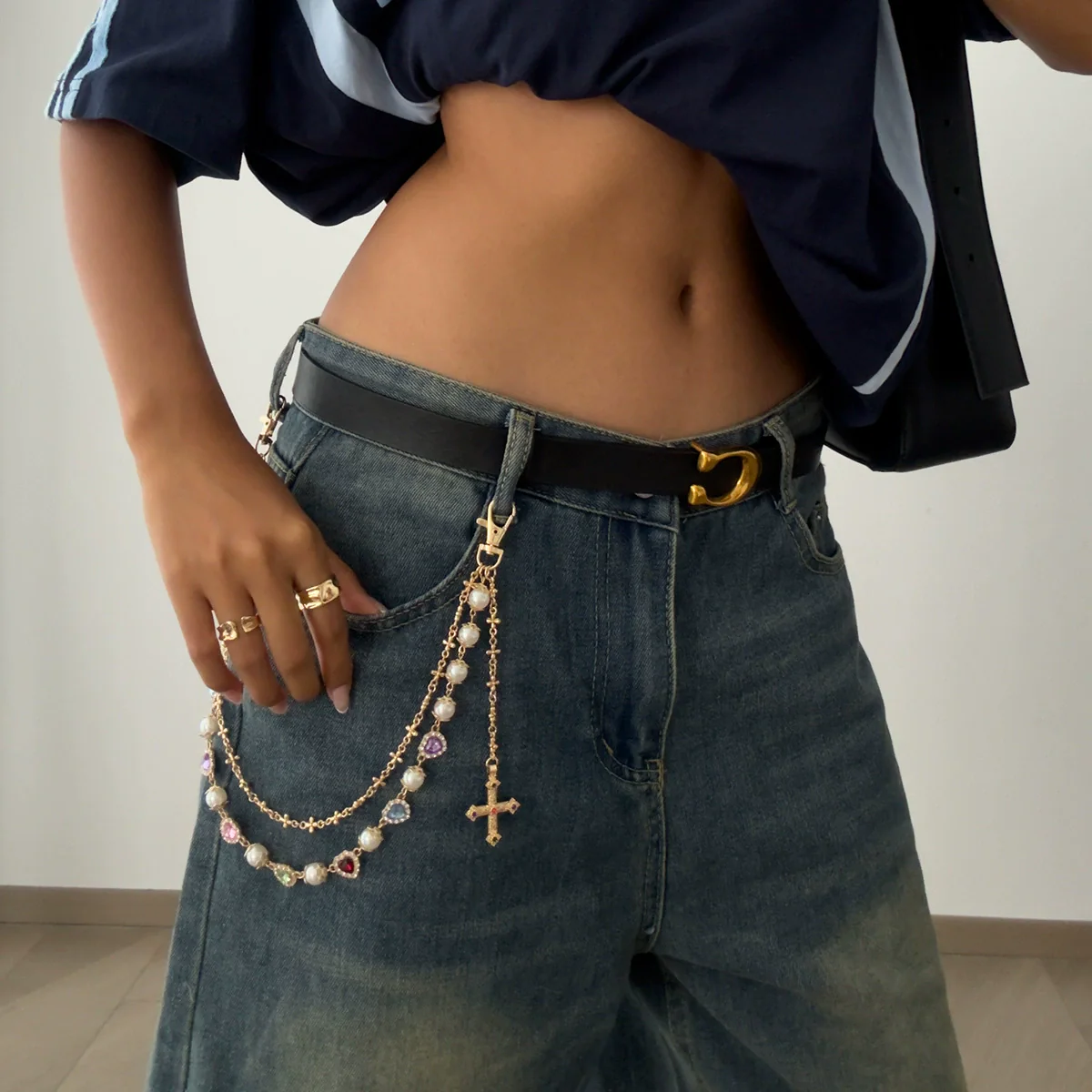 Jewelry Punk Hiphop Style Alloy Imitation Pearl Acrylic Diamond Cross Multiple Circles Pants Chain For Female Cowboy Style - Image 12