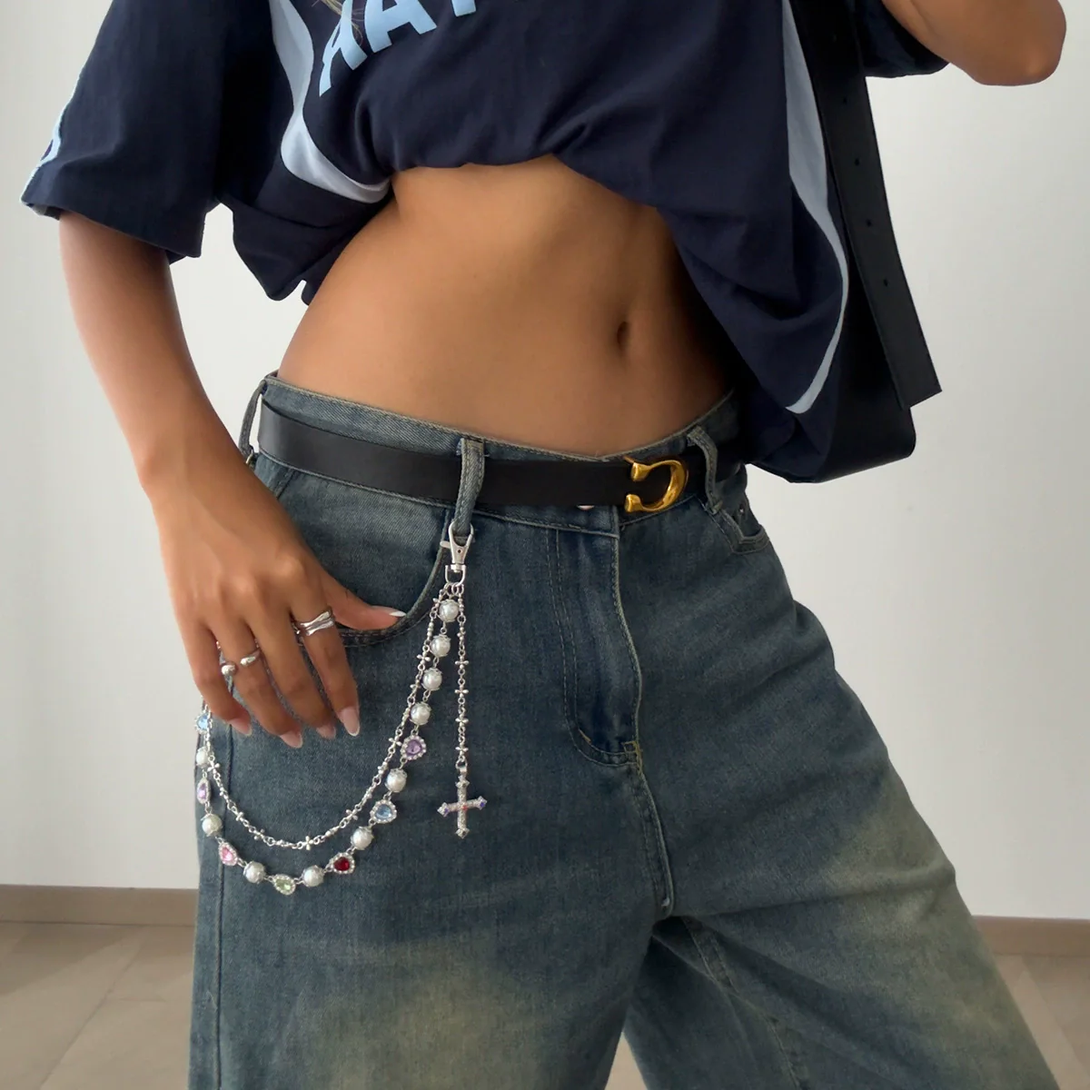 Jewelry Punk Hiphop Style Alloy Imitation Pearl Acrylic Diamond Cross Multiple Circles Pants Chain For Female Cowboy Style - Image 13