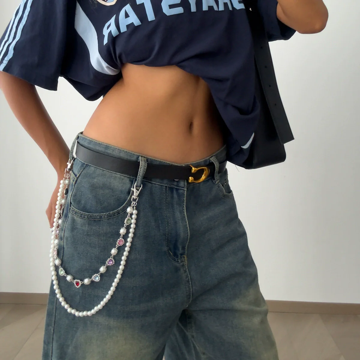 Jewelry Punk Hiphop Style Alloy Imitation Pearl Acrylic Diamond Cross Multiple Circles Pants Chain For Female Cowboy Style - Image 15