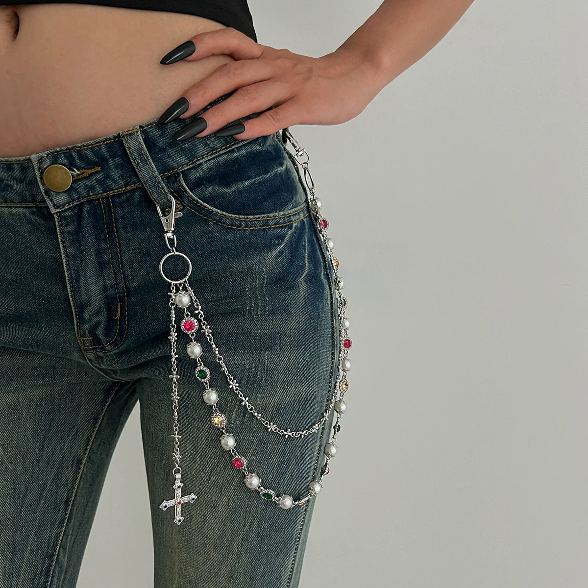 Jewelry Punk Hiphop Style Alloy Imitation Pearl Acrylic Diamond Cross Multiple Circles Pants Chain For Female Cowboy Style - Image 9