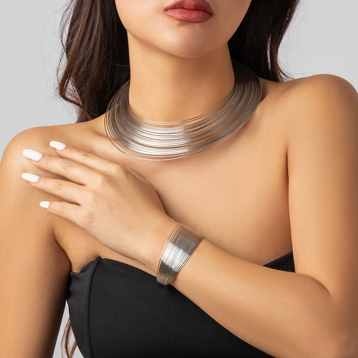 Jewelry Punk Metal Collar Multilayer Open Ring Choker Necklace Iron Geometric Style