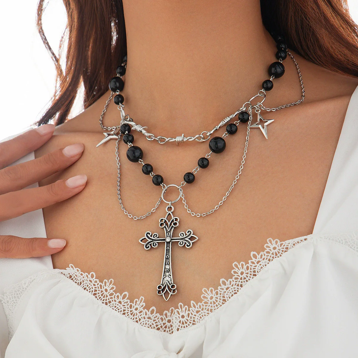 Jewelry Punk Metal Cross Imitation Pearl Tassel Bow Necklace Alloy Iron Chain Electroplating For Women - Image 2