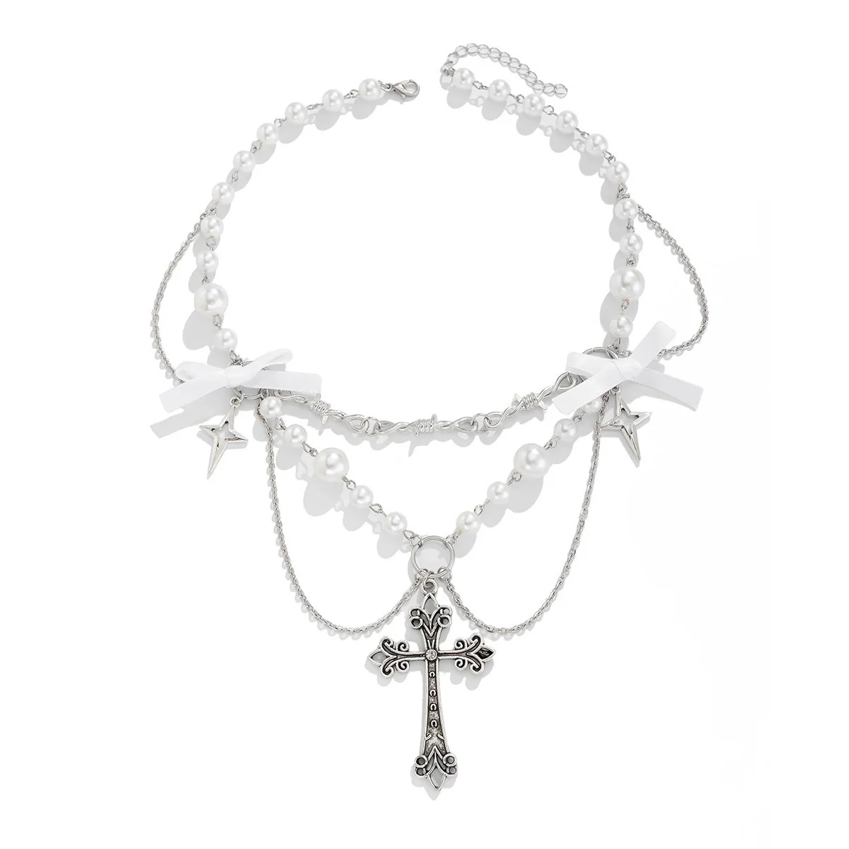 Jewelry Punk Metal Cross Imitation Pearl Tassel Bow Necklace Alloy Iron Chain Electroplating For Women - Image 5